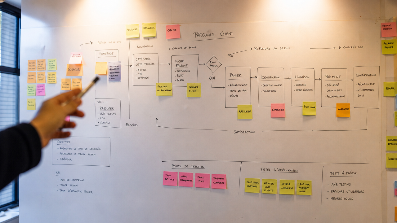 Atelier de cadrage avec tableau blanc et post-its
