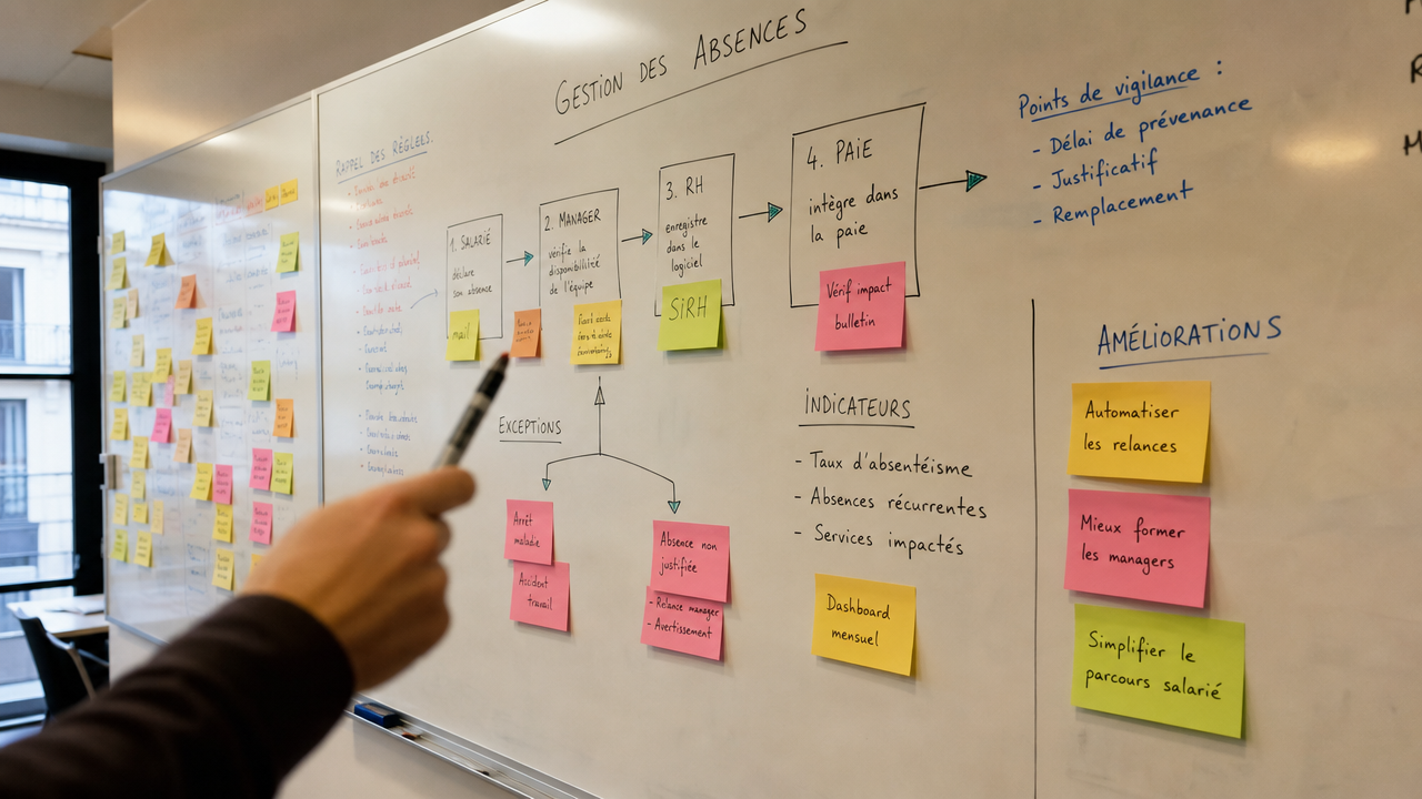 Atelier de cadrage avec un tableau blanc couvert de post-its colorés