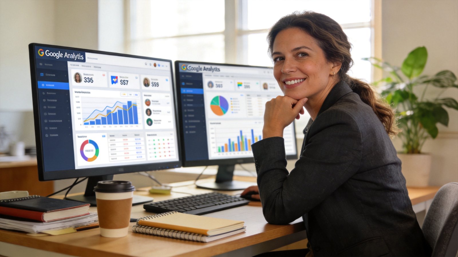 Marketer devant des écrans Google Analytics en double affichage