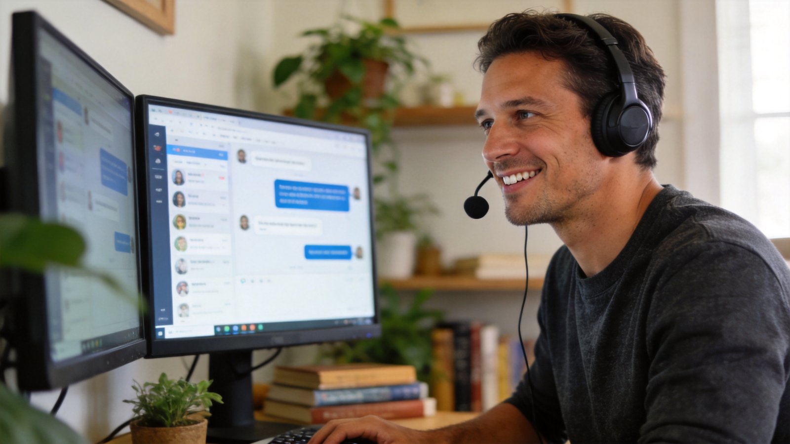 Agent support client avec casque, devant un dual-screen